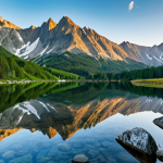 **A breathtaking panoramic view of the High Tatras mountains in Slovakia.** Majestic, sharp peaks pierce a brilliant blue sky, perfectly reflected in the pristine, mirror-like surface of a glacial lake (like Štrbské Pleso). Lush green pine forests blanket the lower slopes, and the air feels crisp and serene. The scene conveys a profound sense of untouched nature and peaceful grandeur. High resolution, vibrant colors, epic landscape photography.