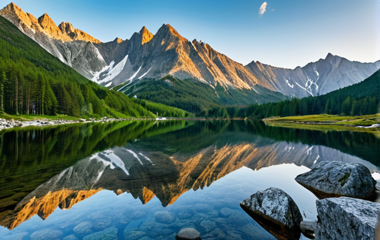 **A breathtaking panoramic view of the High Tatras mountains in Slovakia.** Majestic, sharp peaks pierce a brilliant blue sky, perfectly reflected in the pristine, mirror-like surface of a glacial lake (like Štrbské Pleso). Lush green pine forests blanket the lower slopes, and the air feels crisp and serene. The scene conveys a profound sense of untouched nature and peaceful grandeur. High resolution, vibrant colors, epic landscape photography.