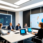 A diverse group of professional individuals engaged in collaborative work in a modern, sunlit tech office space located in Prague. They are dressed in modest, professional business casual attire, some observing large digital screens displaying complex data visualizations, others discussing ideas around a sleek meeting table. The scene emphasizes innovation and a dynamic work environment. The image should feature perfect anatomy, correct proportions, natural poses, well-formed hands, proper finger count, and natural body proportions, ensuring high-quality, professional photography. This is safe for work, appropriate content, fully clothed, and family-friendly.