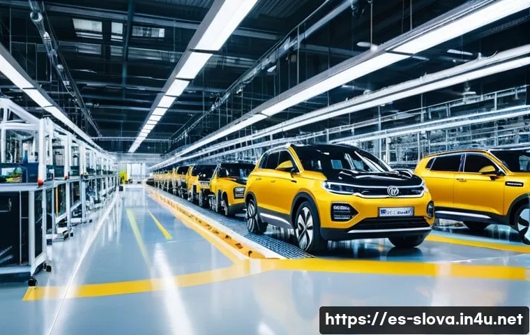 슬로바키아 경제 및 산업 - A bustling modern automotive factory in Bratislava, Slovakia, showcasing advanced robotic assembly l...
