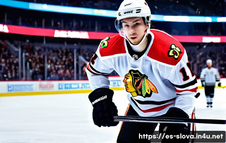마리안 호사 아이스하키 선수 - A dynamic ice hockey scene featuring a disciplined male athlete wearing a full team uniform and prot...