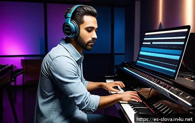 알렉산더 둑슬라브 음악가 - A sophisticated music studio scene showcasing a fusion of classical and contemporary elements: a pro...