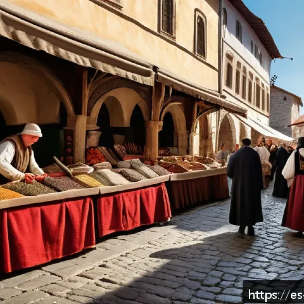 슬로바키아 vs 불가리아 역사적 관계 - A vibrant medieval marketplace scene set along a trade route connecting Central Europe and the Balka...
