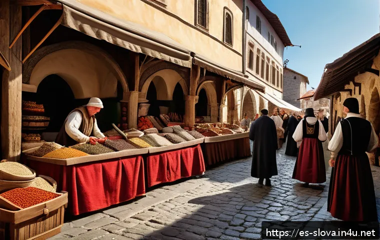슬로바키아 vs 불가리아 역사적 관계 - A vibrant medieval marketplace scene set along a trade route connecting Central Europe and the Balka...