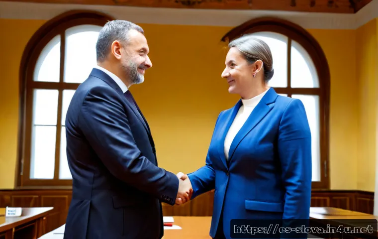 Home 13 슬로바키아와 우크라이나 관계 - Photorealistic diplomatic meeting between Slovak and Ukrainian officials in a bright European govern...