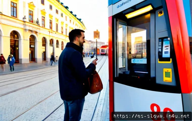 슬로바키아 교통수단과 이용법 - Photorealistic travel scene in Bratislava, Slovakia: a modern red-and-white city tram arriving at a ...