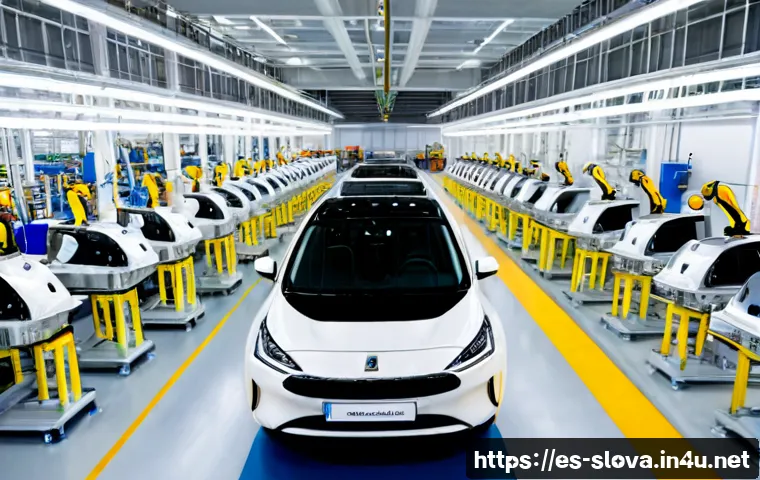 Home 15 슬로바키아 주요 수출 품목 - Photorealistic modern automotive assembly plant in Slovakia, a sleek unbranded compact car body movi...