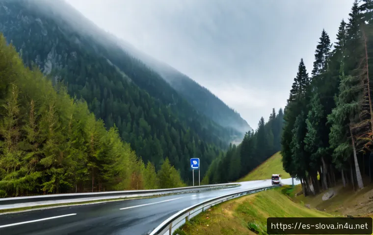Home 15 슬로바키아 교통사고 위험 지역 - Photorealistic wide-angle view of a hazardous mountain road in northern Slovakia, sharp hairpin curv...
